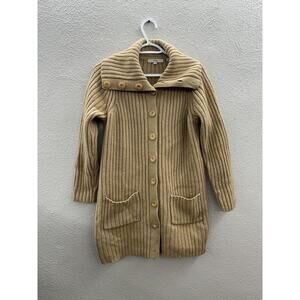 Pria Womens Cardigan Small Wool Blend Tan Long Sleeve Full Button Up Sweater